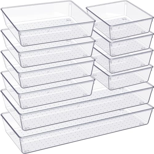 Criusia Drawer Organizer, 10 Pack Large Clear Plastic Set, 3 Size Versatile Bathroom and Vanity Organizer Trays, Storage Bins for Makeup, Bedroom, Kitchen Utensils