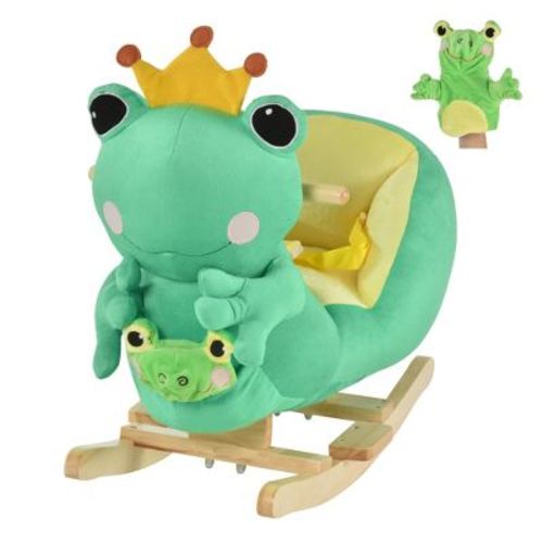 Qaba Kids Ride-On Rocking Horse Toy Frog Style Rocker with Fun Music, Seat Belt & Soft Plush Fabric Hand Puppet for Children 18-36 Months, Green