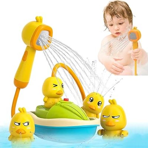 Detachable Duck Shower Head & Motorized Bath Pump with 3 Baby Duck Toys - Gentle Hair Rinsing & Sensory Play for Newborns, Infants, Toddlers - BPA-Free Bathtub Toys with Suction Cup Base