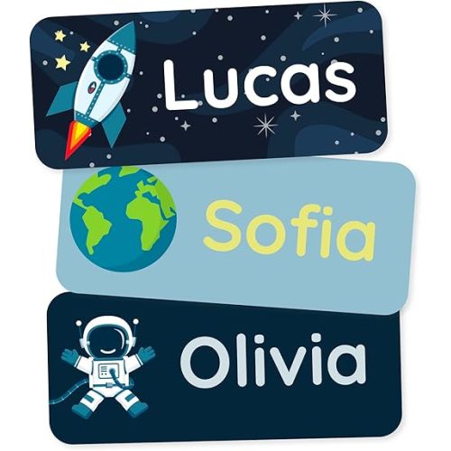 Personalized Name Labels for Kids (60) – Custom Waterproof & Durable Stickers for Clothing, Daycare, Office & School Supplies - Space