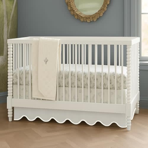 Luxurious Collections White 100% Cotton Sateen Crib skirt 28""X52""+15"" Drop scalloped Embroidery with split corners ; 4-sided skirt fits around The entire crib White Scalloped