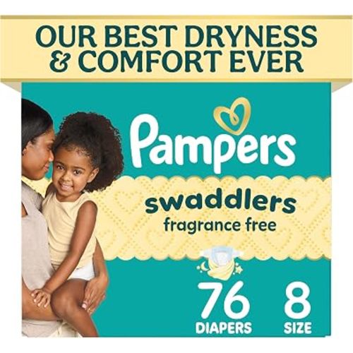 Pampers Swaddlers Diapers, Size 8 (30+ lbs), 76 Count, Fragrance Free, Hypoallergenic, Absorbent, Pediatrician Recommended, Skin Safe