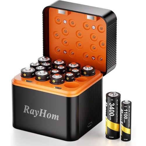 Rechargeable 8 AA and 8 AAA Lithium Batteries with Charger, 1.5 V Double A Triple A High-Capacity Rechargeable Batteries, 16 Slot Li-ion Battery Charger