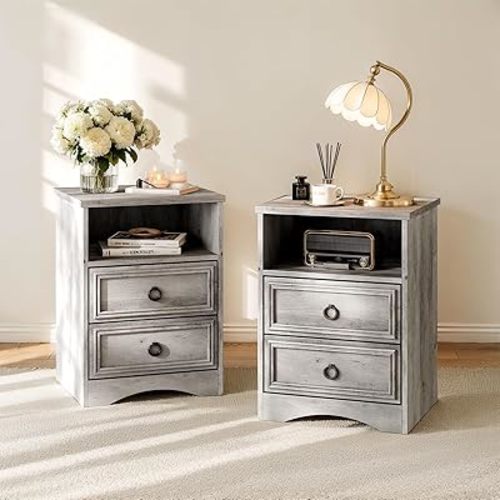 LGHM Set of 2 Nightstand, Large Night Stand with 2 Drawers, 17.7" W Accent Bed Side Table and End Table with Large Open Compartment for Bedroom, Living Room,Gray