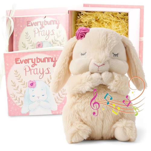 Tickle & Main Everybunny Prays Bunny Plush & Musical Prayer Toy for Christening Gifts for Girls - Pink, 7 in - Baby Dedication & Baptism Gifts for Girls with Illustrated Board Book