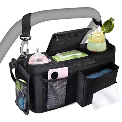 INFANZIA Universal Stroller Organizer with Insulated Cup Holders, Adjustable Stroller Caddy with Phone Bag & Shoulder Strap, Baby Stroller Accessories Fits for Uppababy, Doona, Jogger, Britax (Black)