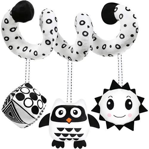 GKDOMS Baby Spiral Hanging Stroller and Car Seat Toys Black and White High Contrast Sensory Toy Newborn Plush Travel Activity Toy New Year Gift for 0 3 6 9 12 Months Girls Boys-Owl