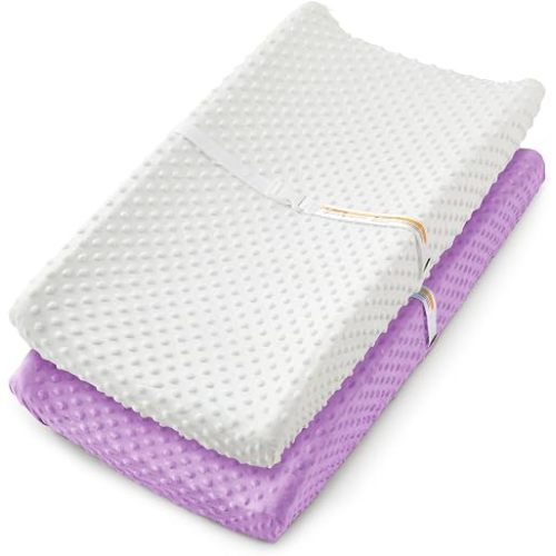 Homiest 2 Pack Changing Pad Cover, White + Light Purple Changing Table Sheets, Ultra Soft Fleece Minky Dot Fabric, Breathable Comfortable Diaper Pad Cover for Girls and Boys, Machine Washable