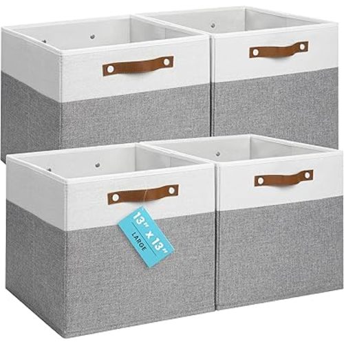 OrganiHaus 13" x 13" x 13" Cube Fabric Storage Bins Set of 4, Fabric Storage Cubes w/ Vegan Handles, 13 inch Collapsible Bins for Clothes & Toys Organizer, 13x13 Basket for Decor - Grey/White
