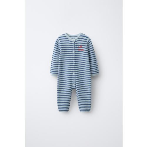 EMBROIDERED TEXT STRIPED KNIT JUMPSUIT - Light blue | ZARA United States 6-9mo