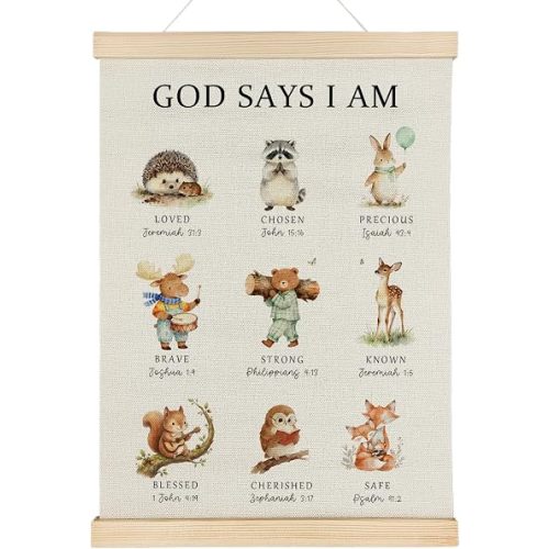 Qvapt Christian Forest Animals Wall Art Poster Hanger Frame, God Says I Am Bible Verse Religious Wall Art With Wooden Poster Hanger for Kids Room Nursery Playroom Decorations, 12x16 Inch