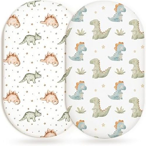 Bassinet Sheets for Baby Girls Boys 2 Pack, Fitted Baby Mattress Sheet for Rectangle, Oval, Hourglass Bassinet Mattress, Breathable Cozy & Universal Fit (Tiny Dinos, Bassinet Sheet)