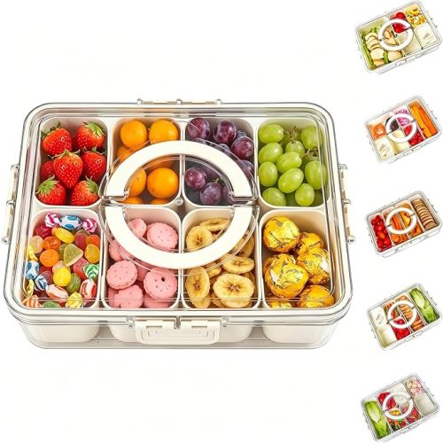 Divided Serving Tray with Lid and Handle - Snackle Box Charcuterie Container for Portable Snack Platters - Clear Organizer for Candy, Fruits, Nuts, Snacks - Perfect for Party, Entertaining