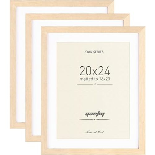 Yaetm 20x24 Picture Frame Matted to 16x20 Set of 3, Natural Solid Oak Wood Frame with Plexiglass for Wall Mount, Wide Molding (3 pack, Oak)