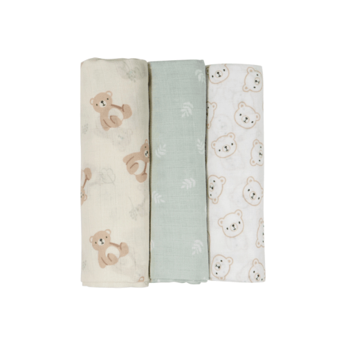 3 Pack Organic Cotton Muslin Wraps - Bears