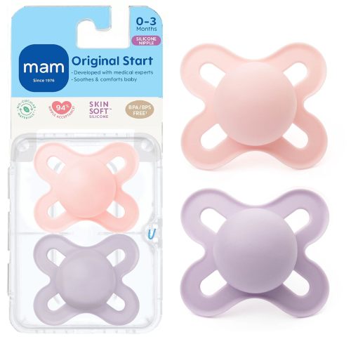 Amazon.com: MAM Original Start Baby Pacifiers 0-3 Mths Skin Soft Silicone, 2 Pack | Skin Soft Silicone Nipple, Developed With Medical Experts Specially For Smaller Newborn Mouths, BPA-Free, Made In Europe