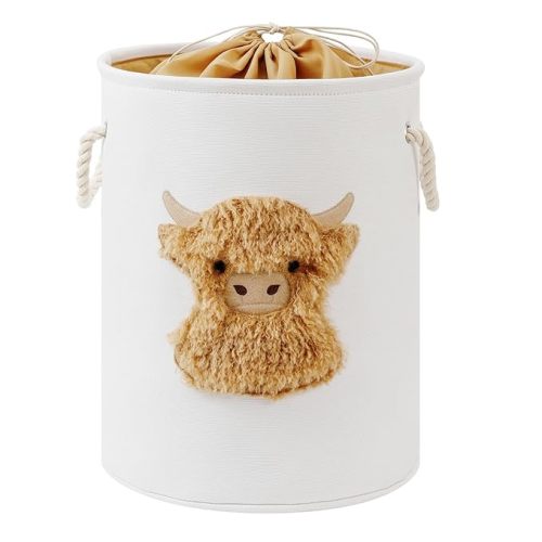 Kids Laundry Basket Nursery Hamper Baby Laundry Basket Stuffed Animal Toys Storage Baskets for Toddler Room Decor, Dirty Clothes Hampers with Drawstring Closure for Bedroom/Living Room, Highland Cow