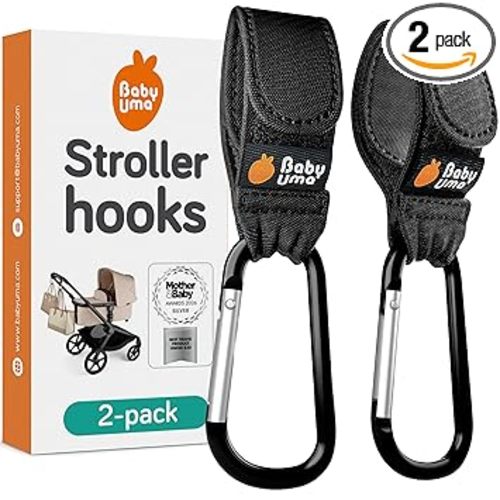 Baby Uma Stroller Hooks for Bags (2 Pack) - Universal Stroller Clips and Hooks, Non-Slip with One-Hand Opening, 11 lb Weight Capacity, Baby Travel Essential