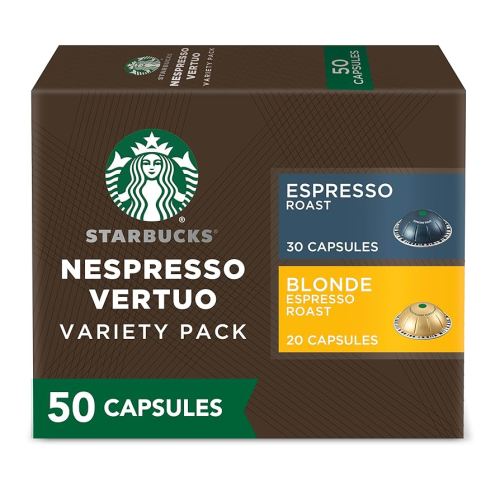 Starbucks by Nespresso Vertuo, Blonde & Dark Roast Variety Pack Coffee & Espresso, 50-count Coffee and Espresso Pods, Brews 7.8 oz and 1.35 oz.