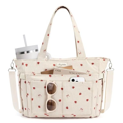 Bagstellar Corduroy Tote Bag for Women, 17 Pockets Laptop Work Tote Purse | Large 15.6” Computer Bag w/ 40oz Cup Holder & Strap, Zipper Teacher Nurse Bible Shoulder Bag for School Travel College Office