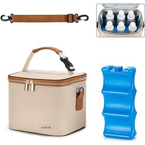 Breastmilk Cooler Bag with Ice Pack Fits 6 Baby Bottles Up to 5 Ounce, Baby Bottle Bag with Shoulder Strap for Nursing Mom Daycare, Cream