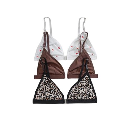 SOLY HUX Women's Front Closure Wireless Bra 3 Packs Bralettes Spaghetti Strap Leopard Bras