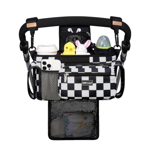 TOPDesign Universal Baby Stroller Organizer, Stroller Caddy with Detachable Mesh Bag & Heightened Insulated Cup Holders & Non-Slip Secure Hooks Accessories, Fits Most Strollers (Checkerboard)