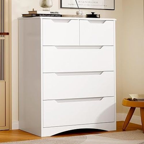 Bealife 5 Drawer Dresser，Dresser for Bedroom with Anti-Tripping Device and Embedded Handles for Home, Dressers & Chests of Drawers with Large Storage Capacity (White)
