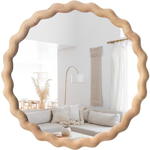 Irregular Wall Mirror,Wood Round Farmhouse Mirror Unique Vanity Mirror,20" Nature Wooden Modern Bathroom Mirror for Washroom Living Room Bedroom