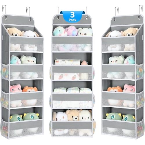 Yecaye 3 Pack Over the Door Organizer, 35.2lbs Load Toy Stuffed Animal Storage, Swing-proof Hanging Bathroom Organizers and Storage for Nursery Newborn Baby Essential Stuff Dorm Room Essentials Grey