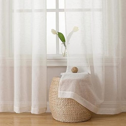 Simplebrand Natural Linen Textured Sheer Curtains 84 inches Length 2 Panels Set, Sheer Curtains Light Filtering Rod Pocket Window Sheer Curtain Panels, Elegant Curtains & Drapes for Bedroom, 40" W
