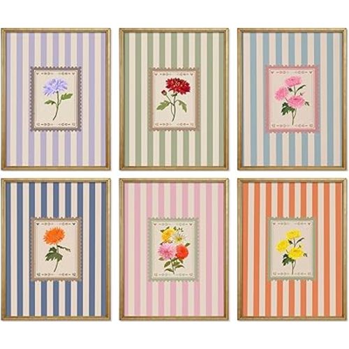 Vintage Floral Posters Wall Art Set of 6, Coquette Cute Stripe Botanical Stamp Canvas Wall Decor Painting, Colorful Flower Artwork Posters Prints for Bedroom Girls Room Dorm 8x10 Inch Unframed