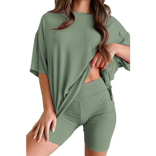Womens 2 Piece Lounge Set 2025 Summer Travel Outfit Casual Short Sleeve Oversized Tshirts & Biker Shorts