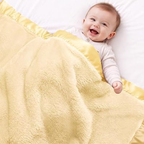 Pro Goleem Fleece Baby Blanket with 2 Inch Satin Trim Soft Anti-Static Plush Blanket for Boys and Girls Christmas Baby Gifts for Babies 30''x40''，Yellow