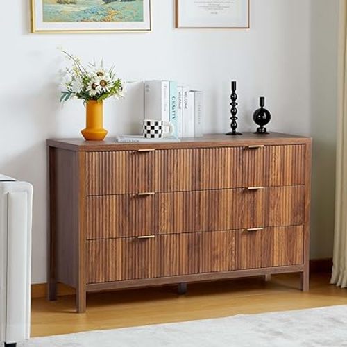 Fluted 6 Drawer Double Dresser for Bedroom, 47" Wide Modern Closet Dressers Chest of Drawers, Wood Storage Dresser Organizer for Nursery Bedroom Living Room Hallway Closet, Walnut