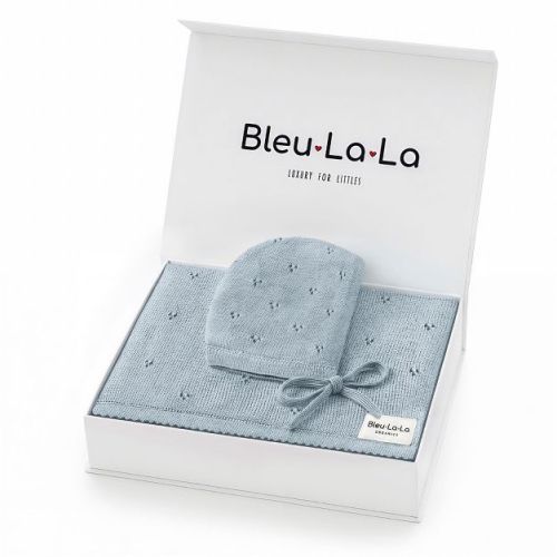 Luxury Organic Cotton Pointelle Baby Swaddle Receiving Blanket + Hat Gift Set for Newborns and Infant Boys & Girls - Powder Blue
