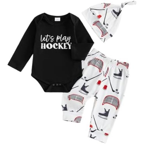 Newborn Fall Winter Outfit Funny Letters Print Baby Onesie and Pants Hat Set Cute Hockey Outfit Baby Boy 0-18M