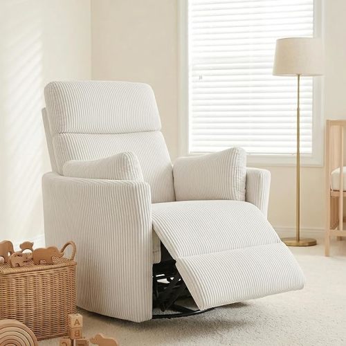 Power Oversized Rocking Chair Nursery, Swivel Rocker Recliner for Adults, Electric Barrel Armchair Single Sofa with USB, 2 Pillows, Glider Wide Recliner for Living Room Bedroom, Beige