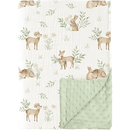 Konssy Baby Blankets for Unisex Boys Girls, Super Soft Nursery Minky Blankets with Muslin Cotton Front and Dotted Fleece Backing, Printed Bed Throws Newborn