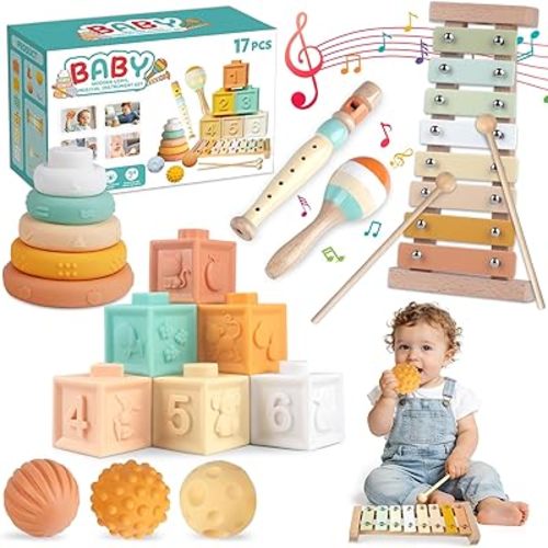 Montessori Toys 6 in 1 Musical Instruments for Toddler Stacking Blocks Development Learning Educational Toy with Wooden Xylophone Baby Birthday Gift