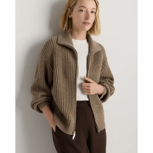 Women's Australian Merino Wool Full Zip Sweater in Malted Toffee
