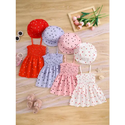 8-Piece Baby Girl Casual Heart Print Dress Set for Summer, Soft Comfortable Woven Fabric, Perfect for Holidays, Birthdays and Outdoor Picnics, Toddler Summer Dresses, Toddler Outfit - TikTok Shop