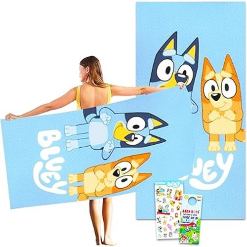 Disney Bluey Towel Set for Kids - Bundle with 27x54 Bluey Towel, Stickers and More (Bluey and Bingo Pool and Bathroom Set)