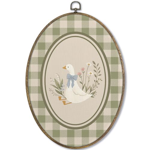 Fewgb Vintage Goose Girls Nursery Oval Wall Art Decor Framed, Silly Goose Baby Girls Toddler Kids Room Playroom Bedroom Canvas Wall Art Prints Picture, Sage Green Duck Cottagecore Plaid Artwork 9x12