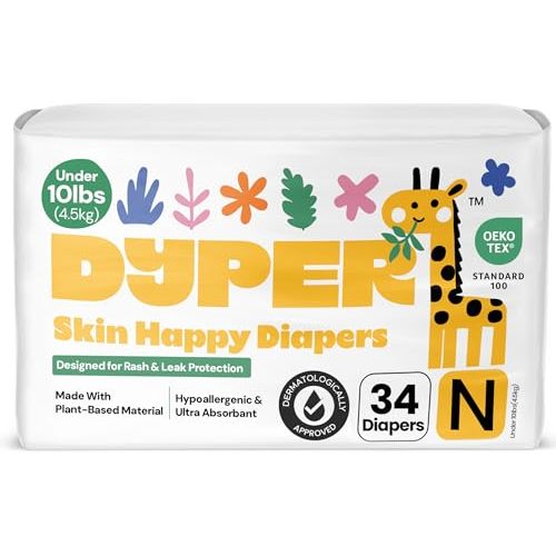 DYPER - Newborn Diapers Size 0 (34Count) - Plant Based Disposable Diapers for Day and Overnight Premium Leak Protection, Skin-Friendly Comfort with Soft Baby Diapers (>10 lbs)