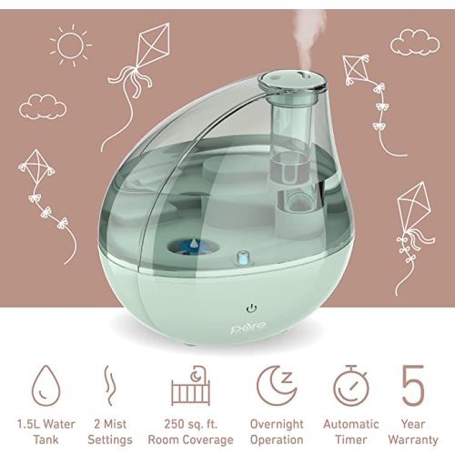 Pure Enrichment® MistAire™ Silver Ultrasonic Cool Mist Humidifier - Lasts Up to 25 Hours, Whisper-Quiet Overnight Operation, 360° Mist Nozzle, Easy-Fill Tank, & Auto Safety Shut-Off (Whisper Green)