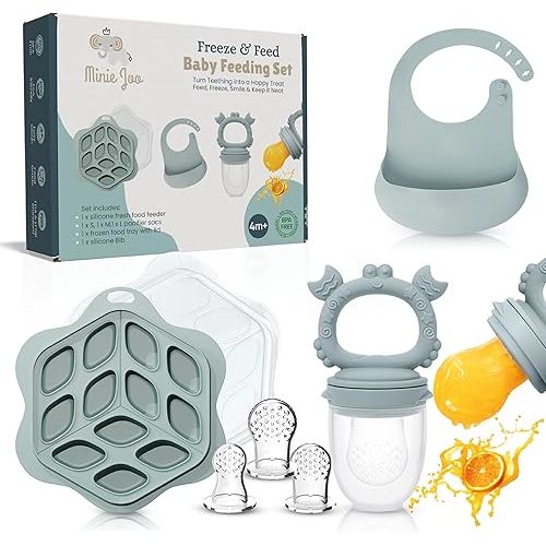 Baby Fruit Feeder & Teether Set – 3-in-1 Food Pacifier, Breastmilk Popsicle Tray & Adjustable Bib – 3 Pacifier Sizes – BPA-Free, Premium Quality