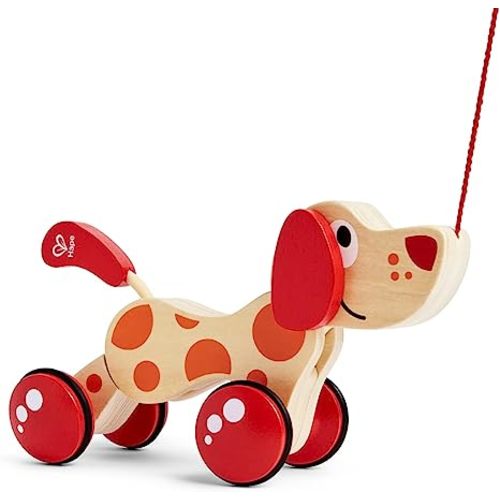 Walk-A-Long Puppy Wooden Pull Toy by Hape | Award Winning Push Pull Toy Puppy For Toddlers Can Sit, Stand and Roll. Rubber Rimmed Wheels for Easy Push and Pull Action, Red , Red/Orange