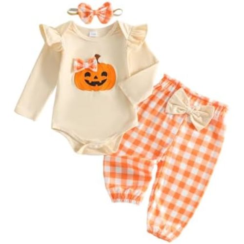 Newborn Baby Girl Halloween Outfit Pumpkin Bubble Romper Pants Set Clothes