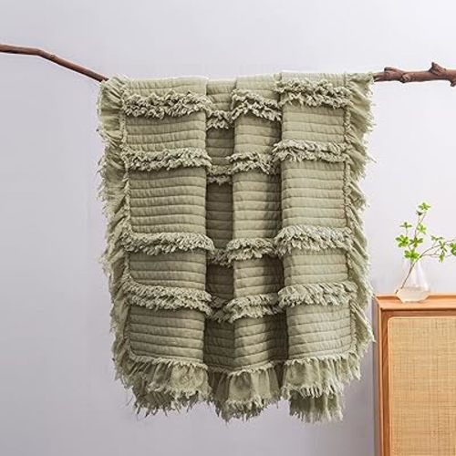 Ultra Soft Pre-Washed Quilted Throw Blanket, Ruffle Fringed Olive Green Decorative Throw, Sage Green Stone Washed Chic Rustic Blanket for Sofa Couch Bed, 50"x 60"